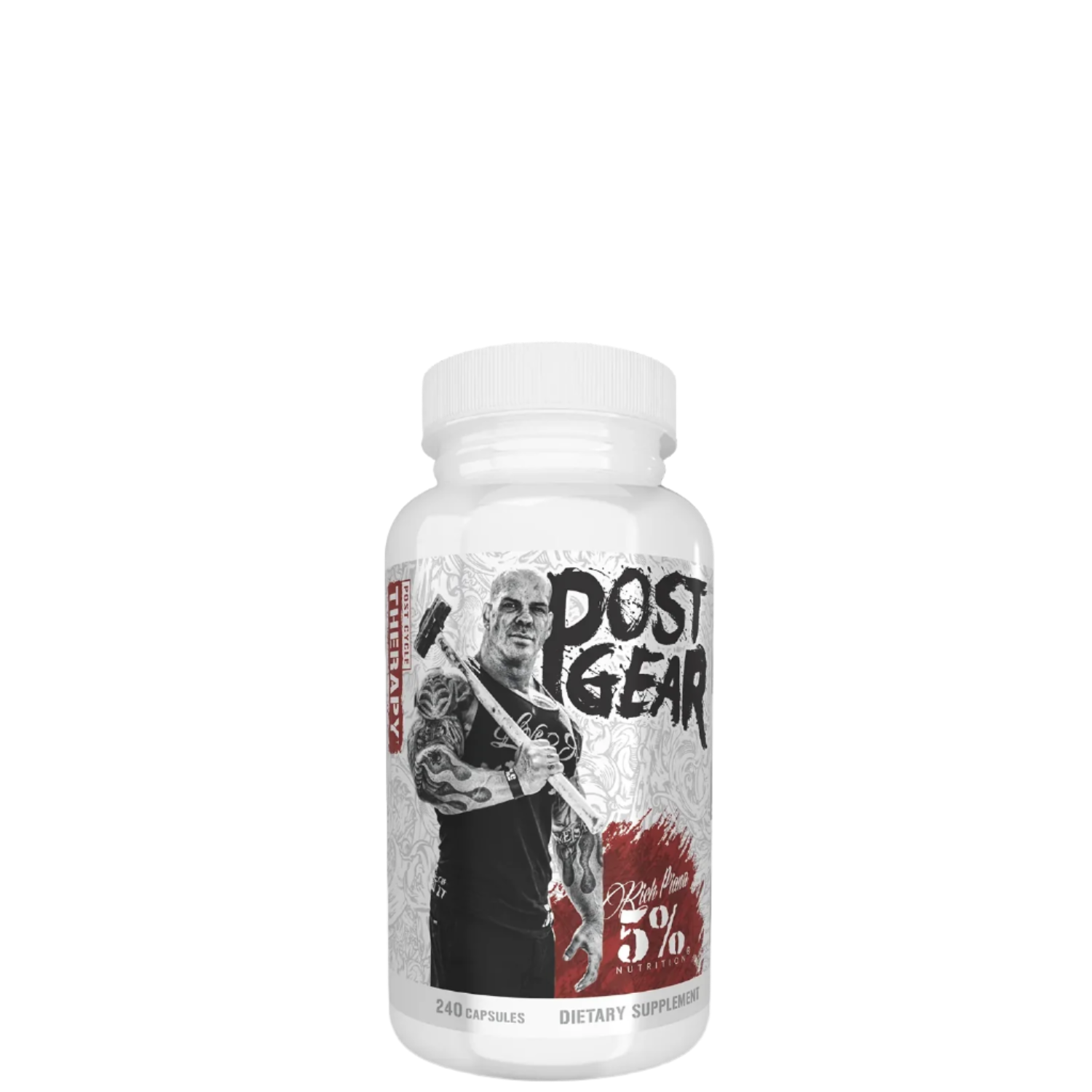 A bottle of Post Gear PCT Support with Turkesterone supplement, branded with a logo and a silhouette of a bodybuilder.