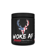 A container of Woke AF pre-workout supplement with a colorful design featuring a deer head and text indicating high stimulant.