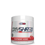 Container of OxyShred Non-Stim fat burner with strawberry flavor, predominantly white with red and grey text, and an image of a strawberry at the bottom.