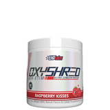Container of OxyShred Non-Stim fat burner with strawberry flavor, predominantly white with red and grey text, and an image of a strawberry at the bottom.