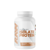 A white plastic jar with a label that reads 'RAW ISOLATE PROTEIN'.