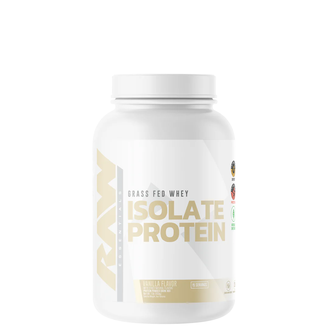 A white plastic jar with a label that reads 'RAW ISOLATE PROTEIN'.