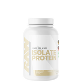 A white plastic jar with a label that reads 'RAW ISOLATE PROTEIN'.