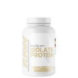 A white plastic jar with a label that reads 'RAW ISOLATE PROTEIN'.
