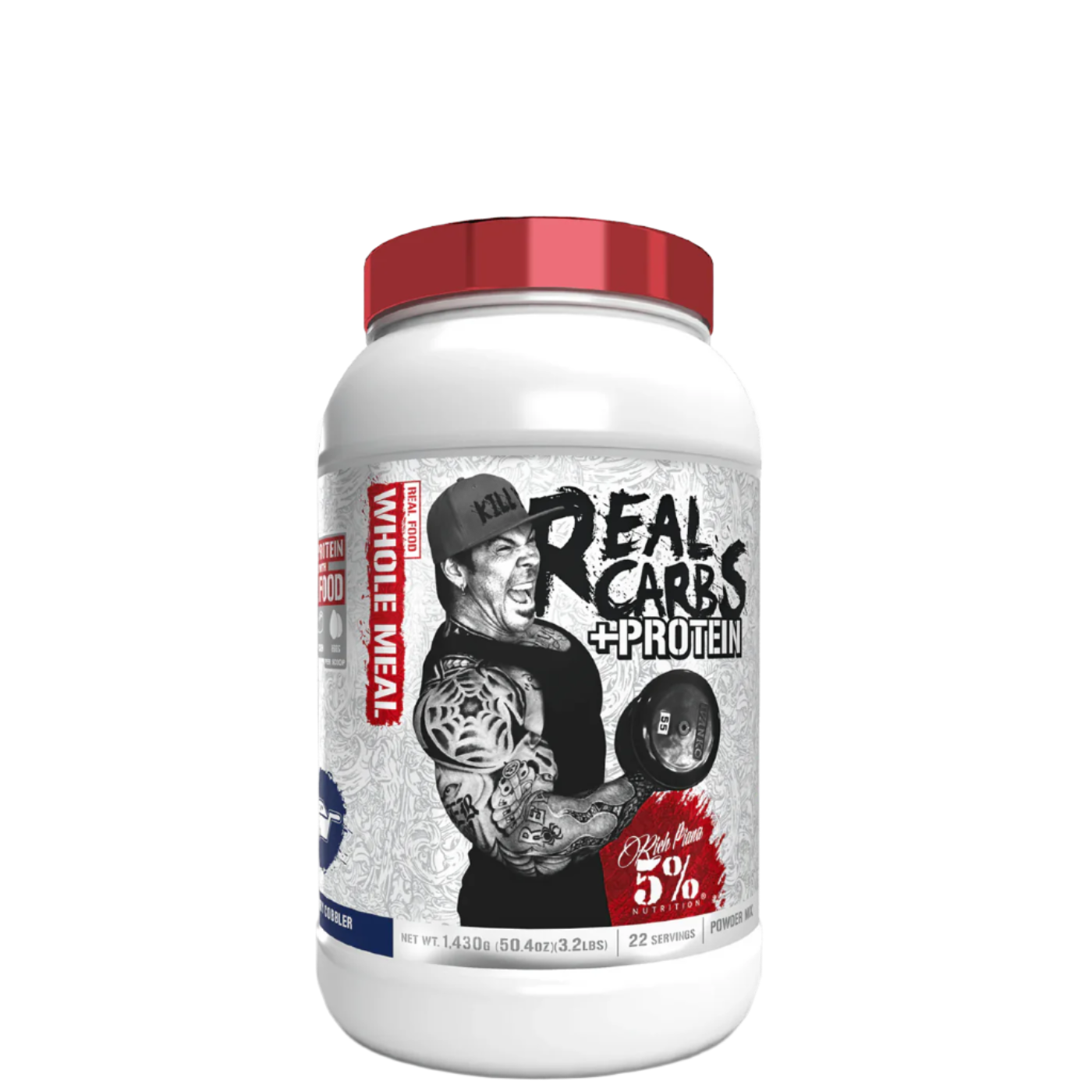A container of 5% Nutrition Real Carbs + Protein powder with a graphic of a bodybuilder on the label.