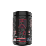 A container of RYSE PROJECT BLACKOUT PUMP supplement powder in 'Electric Lemonade' flavor, with branding and graphic design on the label.