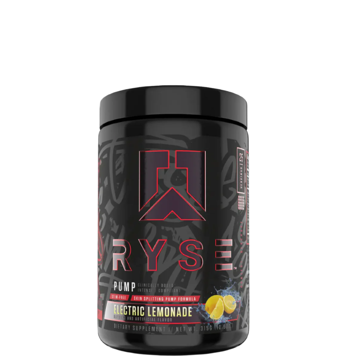 A container of RYSE PROJECT BLACKOUT PUMP supplement powder in 'Electric Lemonade' flavor, with branding and graphic design on the label.