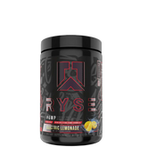 A container of RYSE PROJECT BLACKOUT PUMP supplement powder in 'Electric Lemonade' flavor, with branding and graphic design on the label.