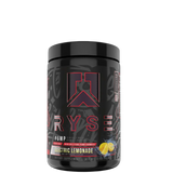 A container of RYSE PROJECT BLACKOUT PUMP supplement powder in 'Electric Lemonade' flavor, with branding and graphic design on the label.