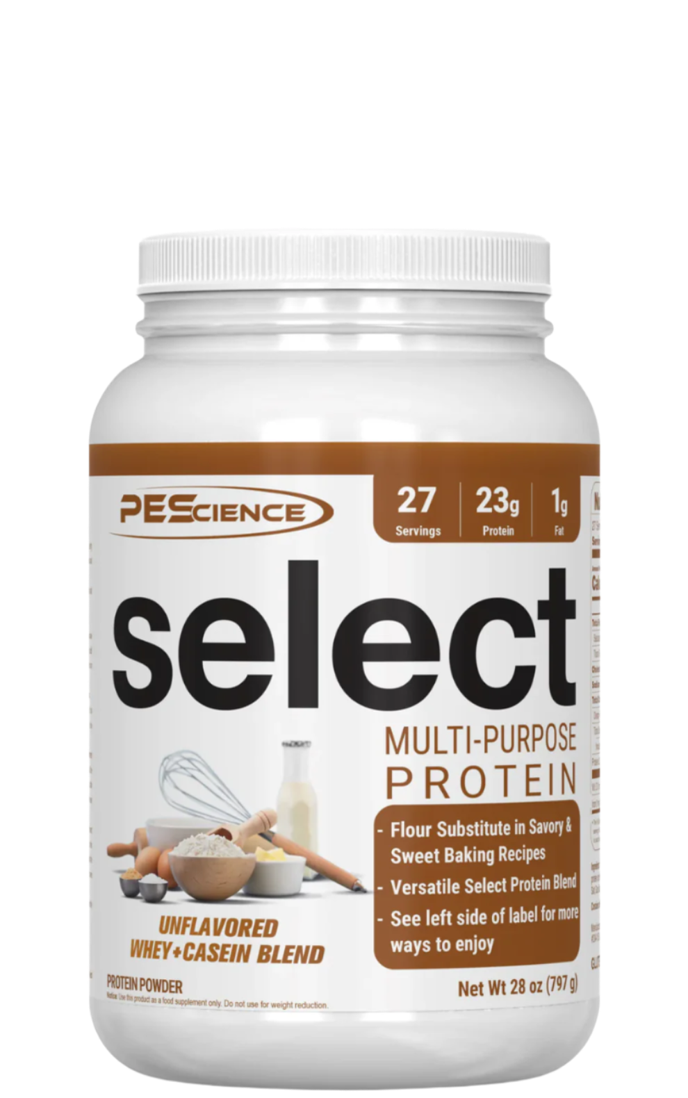 A container of PEScience Select Multi-Purpose Protein powder, unflavored, with nutritional information and branding visible.