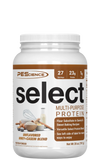 A container of PEScience Select Multi-Purpose Protein powder, unflavored, with nutritional information and branding visible.