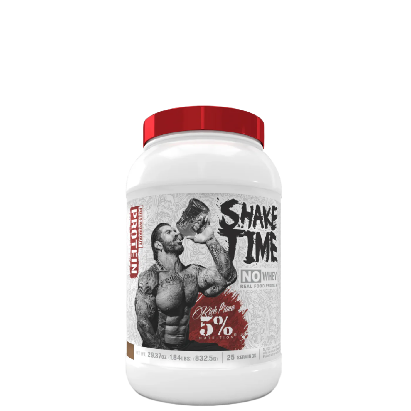A container of Shake Time Real Food Protein powder with a label featuring a photograph of a muscular individual and the text '5%' on a white background.