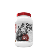 A container of Shake Time Real Food Protein powder with a label featuring a photograph of a muscular individual and the text '5%' on a white background.