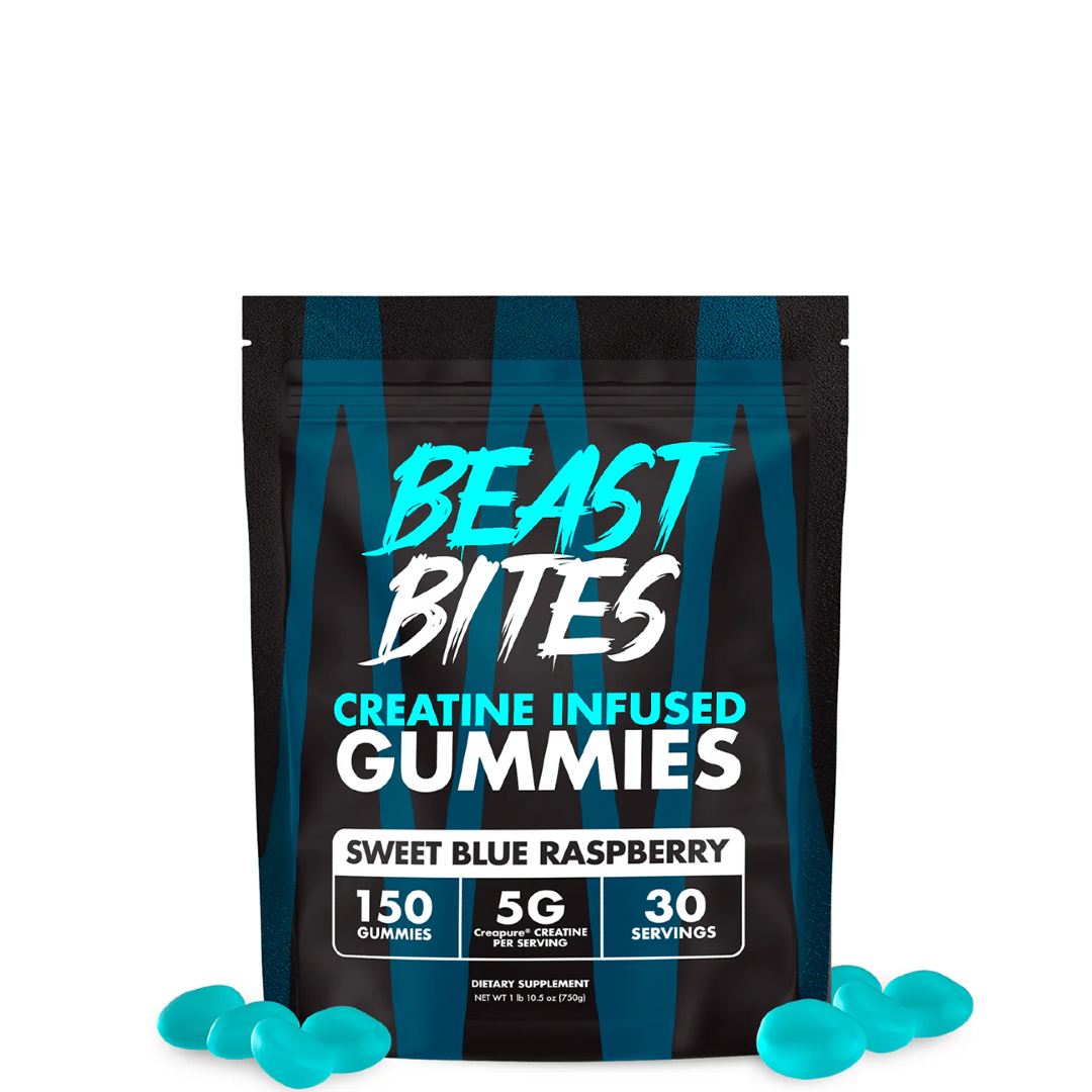 A package of Beast Bites Creatine Infused Gummies with the flavor Sweet Blue Raspberry. The package is predominantly black with blue stripes and text, and images of the gummies are displayed in front.