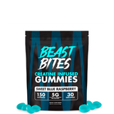 A package of Beast Bites Creatine Infused Gummies with the flavor Sweet Blue Raspberry. The package is predominantly black with blue stripes and text, and images of the gummies are displayed in front.