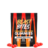 A package of Beast Bites Creatine Infused Gummies with the flavor Sweet Blue Raspberry. The package is predominantly black with blue stripes and text, and images of the gummies are displayed in front.