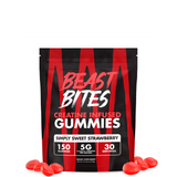 A package of Beast Bites Creatine Infused Gummies with the flavor Sweet Blue Raspberry. The package is predominantly black with blue stripes and text, and images of the gummies are displayed in front.