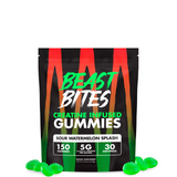 A package of Beast Bites Creatine Infused Gummies with the flavor Sweet Blue Raspberry. The package is predominantly black with blue stripes and text, and images of the gummies are displayed in front.