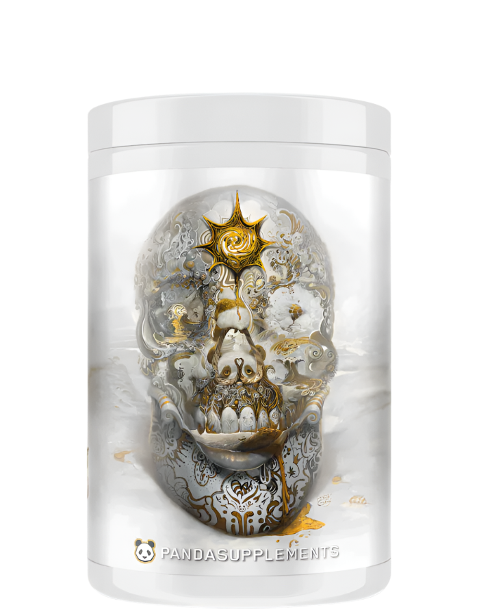 Container of SKULL Nootropic Pre-Workout supplement with a skull and gold design on the label.