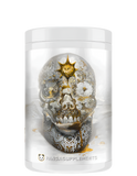 Container of SKULL Nootropic Pre-Workout supplement with a skull and gold design on the label.