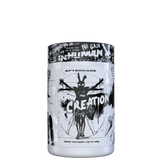 A container of AfterDark Creation Creatine powder with a black and white design featuring a silhouette of a person with a cross and abstract shapes.