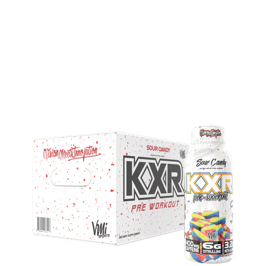 A packaged product labeled KXR Pre Workout RTD with a visual representation of the product as a ready-to-drink bottle and a box in the background.