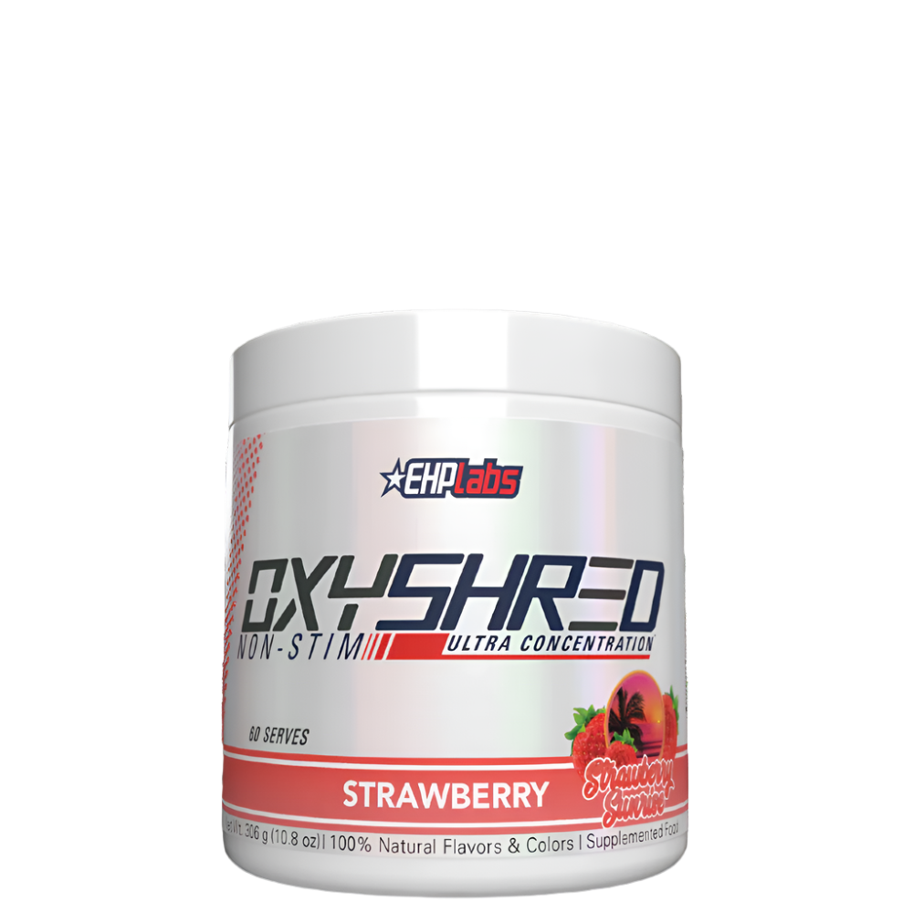 Container of OxyShred Non-Stim fat burner with strawberry flavor, predominantly white with red and grey text, and an image of a strawberry at the bottom.