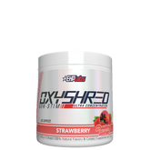 Container of OxyShred Non-Stim fat burner with strawberry flavor, predominantly white with red and grey text, and an image of a strawberry at the bottom.