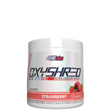 Container of OxyShred Non-Stim fat burner with strawberry flavor, predominantly white with red and grey text, and an image of a strawberry at the bottom.
