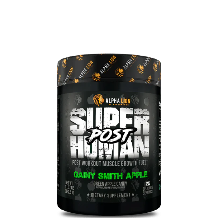 container of Superhuman Post workout supplement in green apple flavor by Alpha Lion with a black and white animal pattern