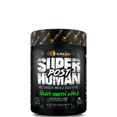 container of Superhuman Post workout supplement in green apple flavor by Alpha Lion with a black and white animal pattern