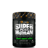 container of Superhuman Post workout supplement in green apple flavor by Alpha Lion with a black and white animal pattern