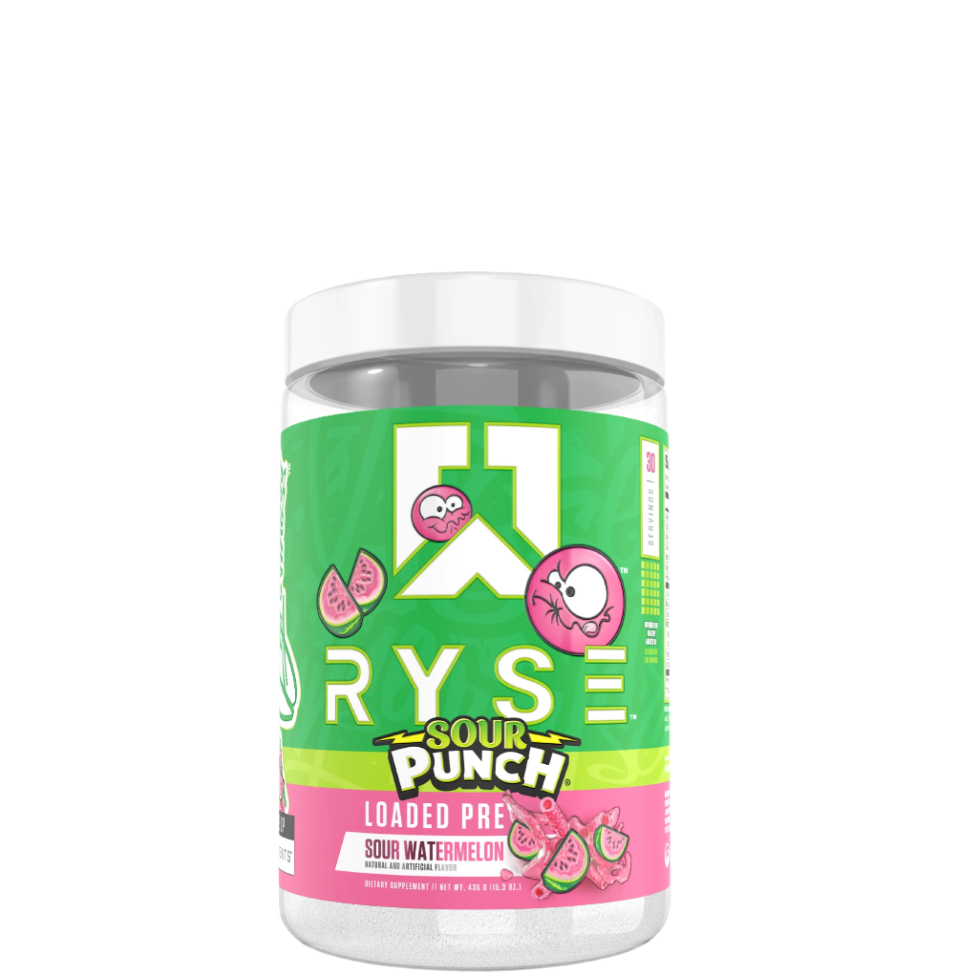 A container of RYSE Loaded Pre-Workout supplement in sour punch flavor, with colorful label featuring the brand logo and graphics.