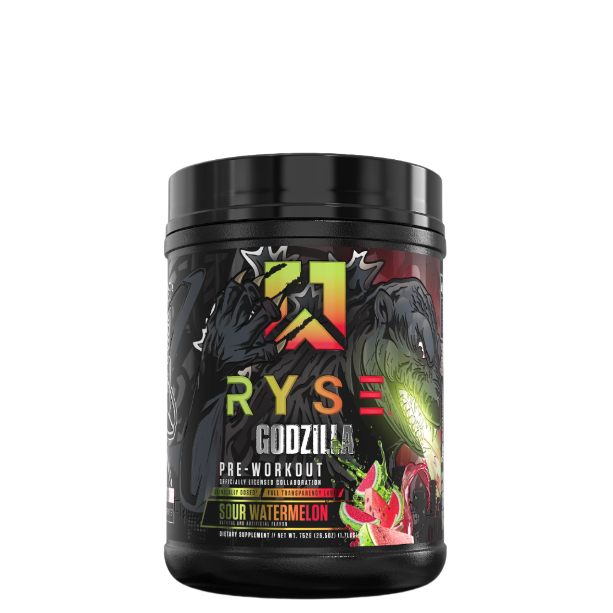 A container of Ryse Godzilla Pre-Workout supplement with a graphic of Godzilla and the flavor Watermelon visible on the label.
