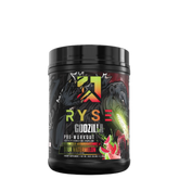 A container of Ryse Godzilla Pre-Workout supplement with a graphic of Godzilla and the flavor Watermelon visible on the label.