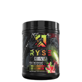 A container of Ryse Godzilla Pre-Workout supplement with a graphic of Godzilla and the flavor Watermelon visible on the label.