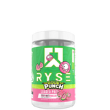 A container of RYSE Loaded Pre-Workout supplement in sour punch flavor, with colorful label featuring the brand logo and graphics.