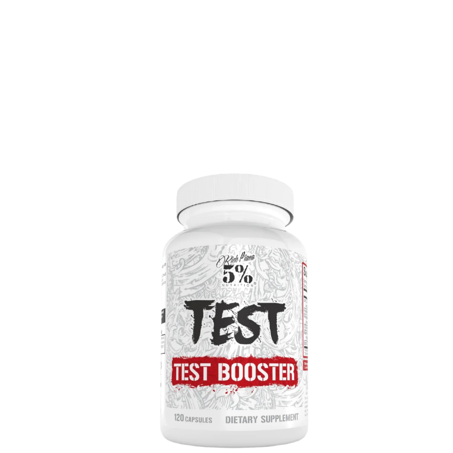 A bottle of 'TEST' Test Booster dietary supplement against a white background.