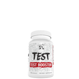 A bottle of 'TEST' Test Booster dietary supplement against a white background.