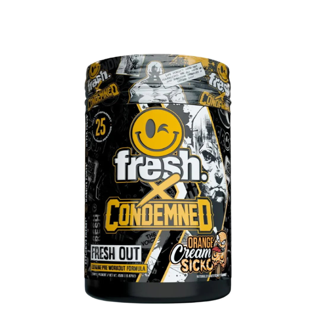 A container of Fresh Out PRE pre-workout supplement with branding from Condemned Labz. The container is black and yellow with graphic elements and text indicating it is an orange cream flavored product.
