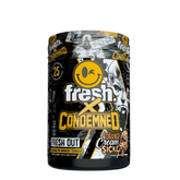 A container of Fresh Out PRE pre-workout supplement with branding from Condemned Labz. The container is black and yellow with graphic elements and text indicating it is an orange cream flavored product.