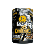 A container of Fresh Out PRE pre-workout supplement with branding from Condemned Labz. The container is black and yellow with graphic elements and text indicating it is an orange cream flavored product.