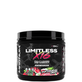 A container of Limitless X16 pre-workout supplement by Magnum with a black and red label, featuring images of fruits and text detailing the product's benefits.