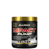 A container of Allmax Impact Pump pre-workout supplement in blue raspberry flavor.