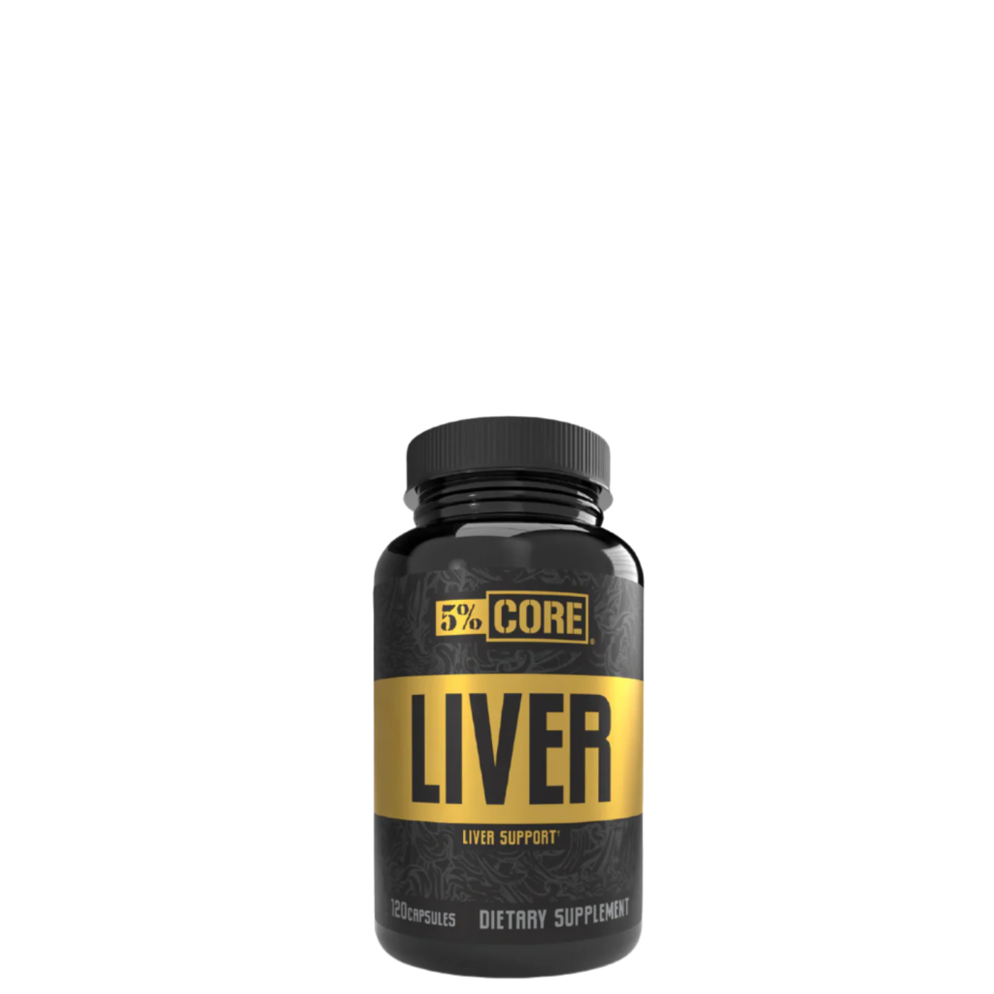 A bottle of 5% Nutrition Core Liver dietary supplement with a black and yellow label.