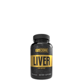 A bottle of 5% Nutrition Core Liver dietary supplement with a black and yellow label.