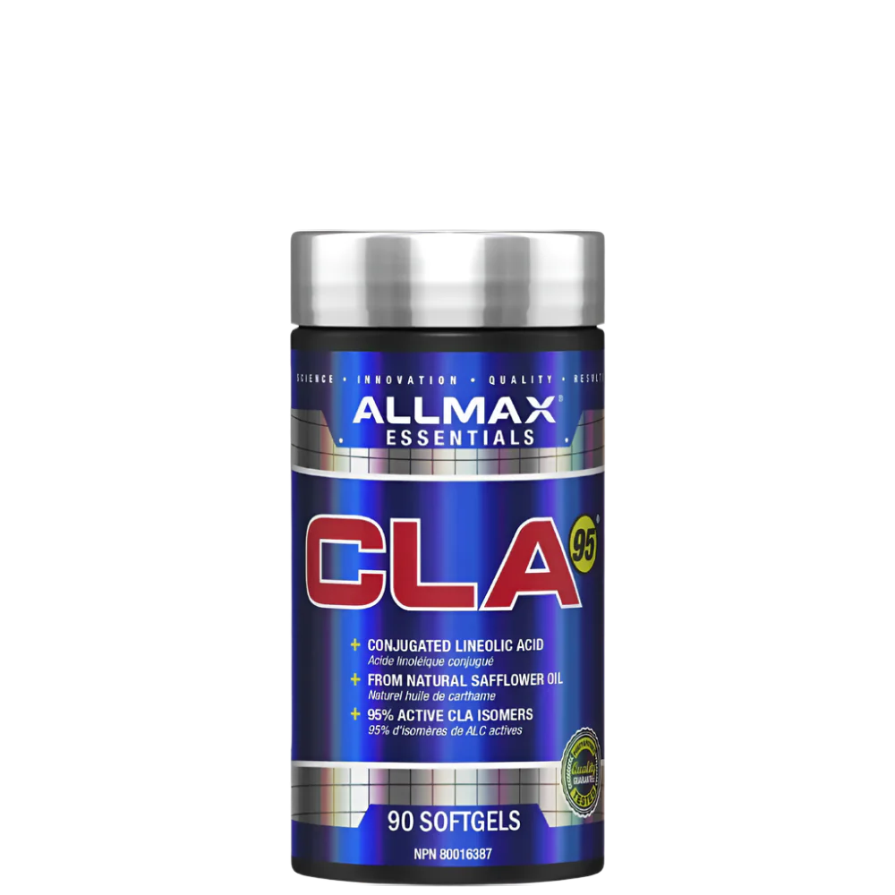 A container of ALLMAX CLA 95 softgels, which is a dietary supplement for weight loss.