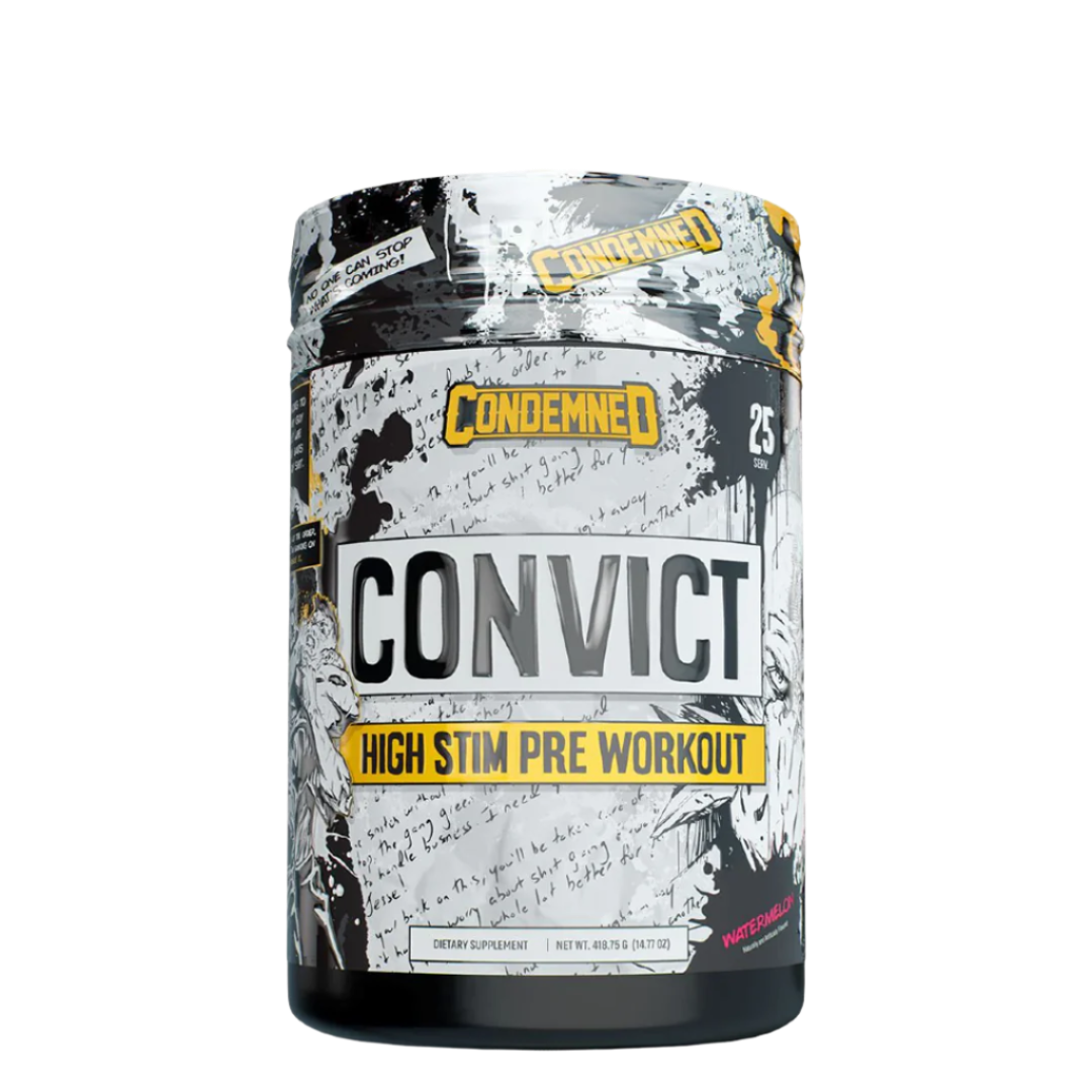 A container of Convict High Stim Pre-Workout by Condemned Labz with a black and white design and the product name prominently displayed.