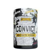 A container of Convict High Stim Pre-Workout by Condemned Labz with a black and white design and the product name prominently displayed.