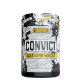 A container of Convict High Stim Pre-Workout by Condemned Labz with a black and white design and the product name prominently displayed.